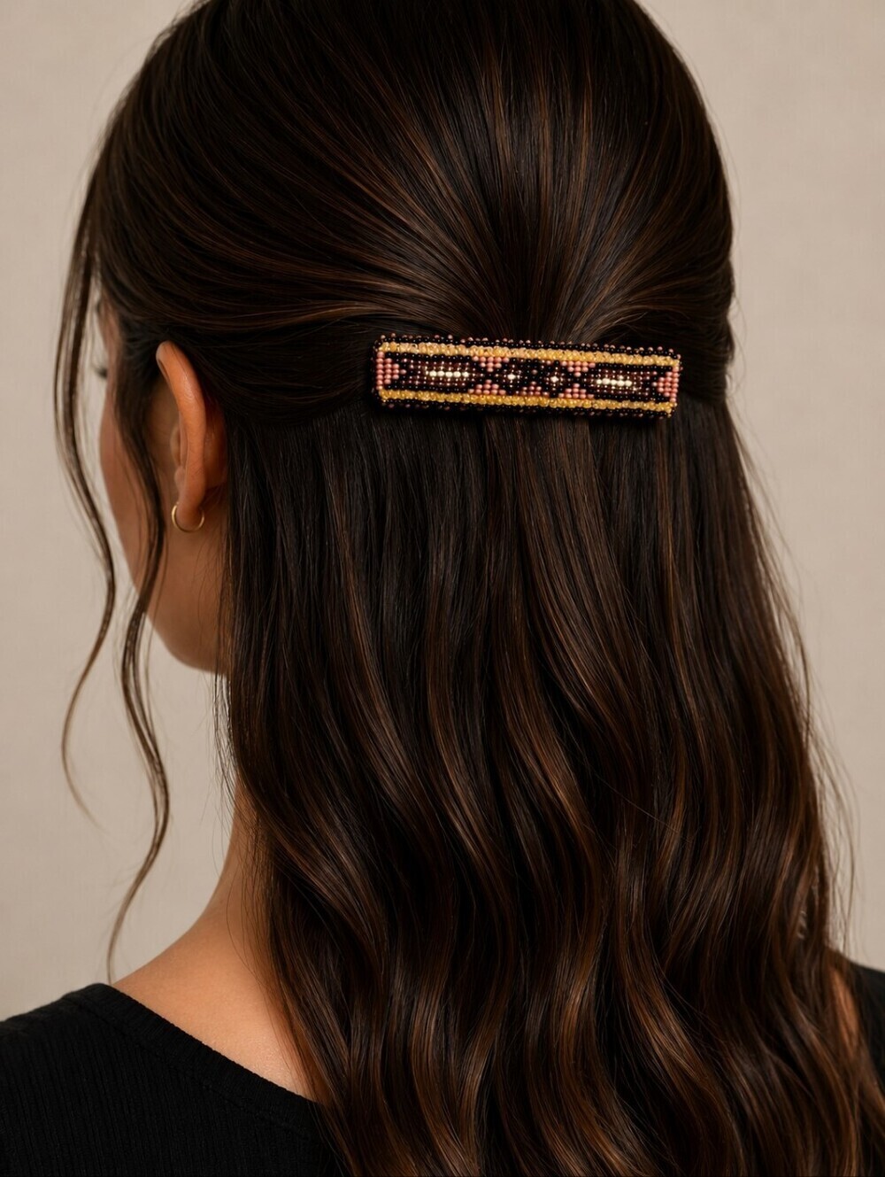 HANDMADE Leather Native American Design Seed Beaded Barrette